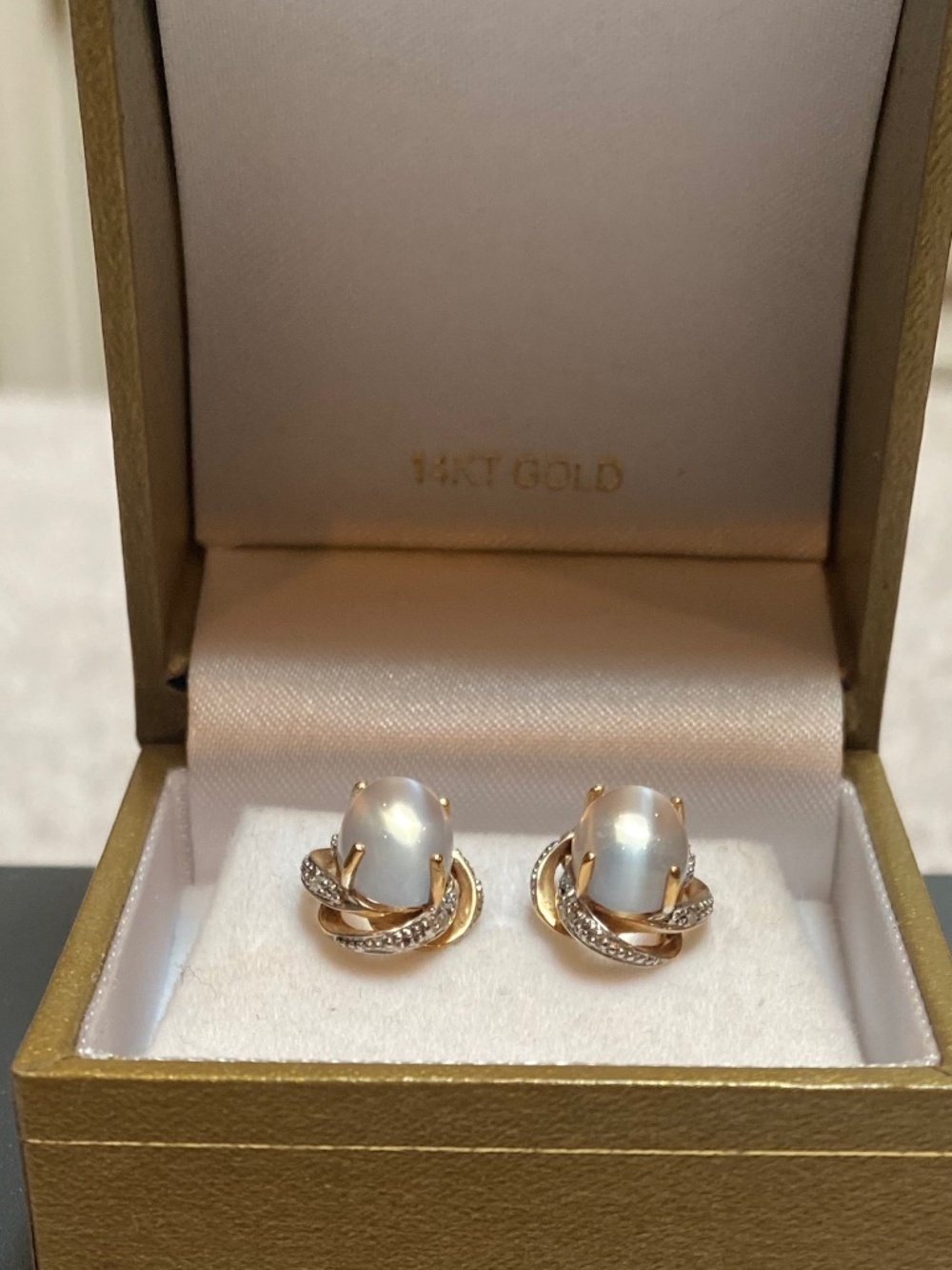 Moonstone & Diamond Accent 14 Karat Gold Earrings. - Picture 3 of 4